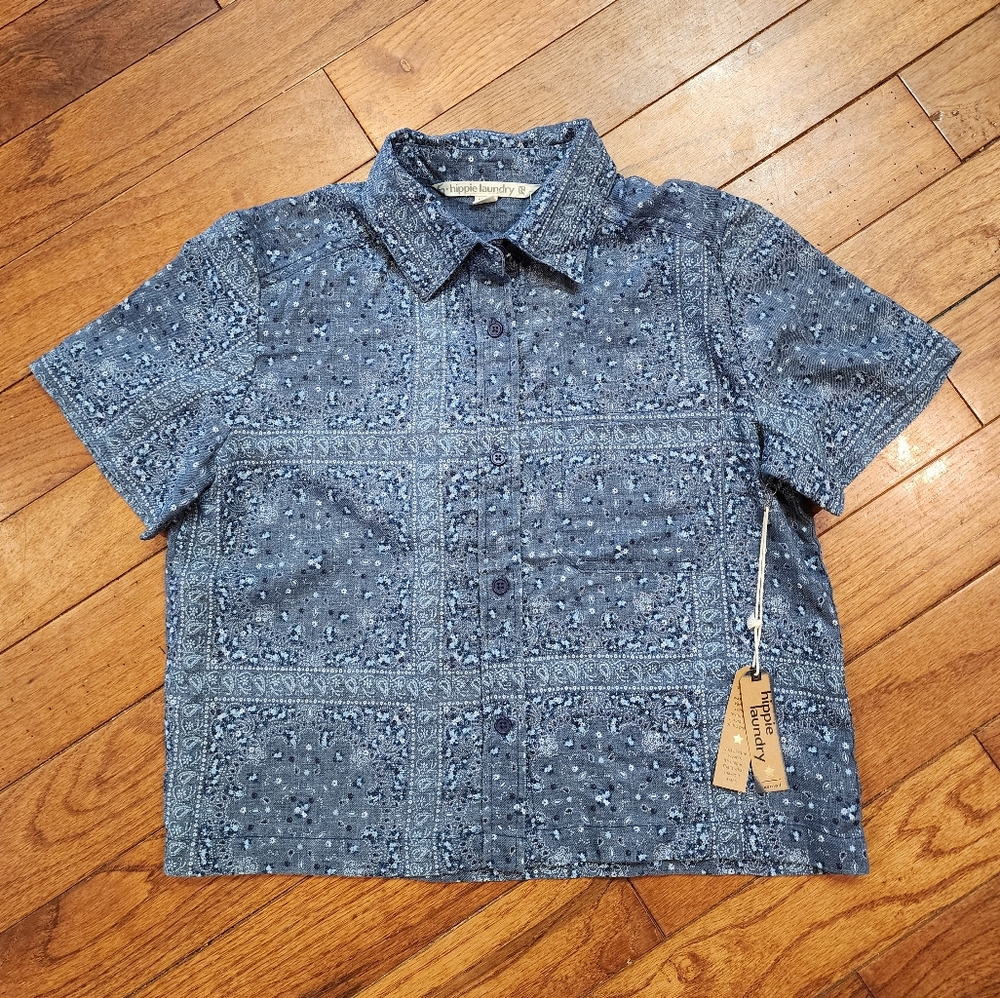 NWT Womens Crop Short Button Up Blue Bandana Pocket Hippie Laundry XS Ov…